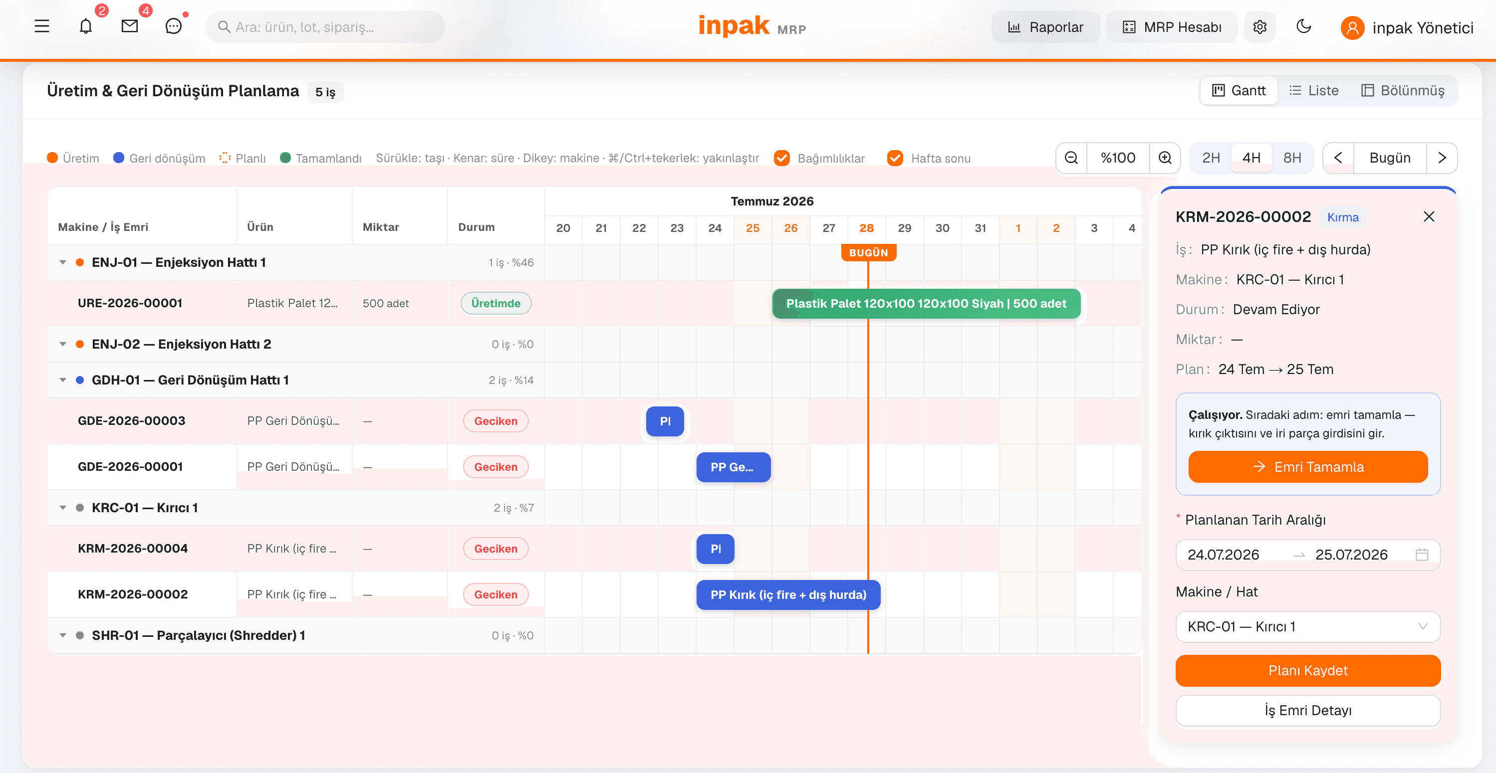 inpak MRP planlama ekranı: makine bazlı Gantt çizelgesi