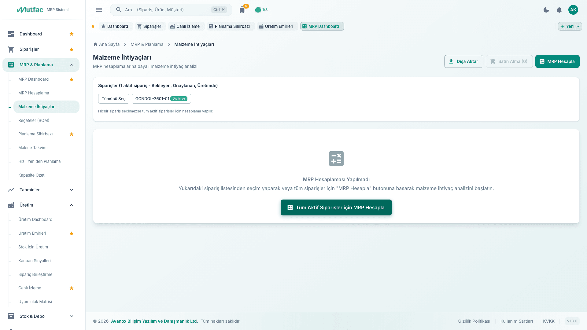 Mutfac MRP — Hammadde ihtiyaçları